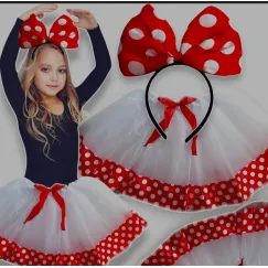 Costum Minnie Mouse pentru Fetițe, Set cu Fustă din Tulle Alb și Diademă cu Fundă Roșie cu Buline Albe