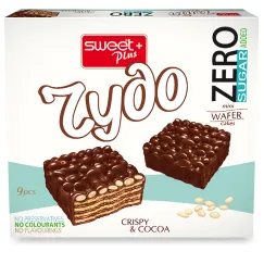 Mini prăjituri tip napolitană Sweet Plus Chudo Zero Sugar Added cu cereale extrudate și glazură de cacao, fără zahăr, 100g