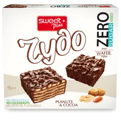 Mini prăjituri tip napolitană Sweet Plus Chudo Zero Sugar Added cu arahide și cremă de cacao, fără zahăr, 100g