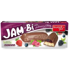 Biscuiți Sweet Plus Jam-Bi cu dulceață de fructe de pădure și glazură de ciocolată, 150g