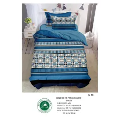 Lenjerie de Pat Single din Finet cu Elastic Pucioasa, 4 Piese, Imprimeu Geometric Tradițional Albastru, Model S-46