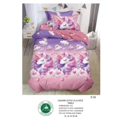 Lenjerie de Pat Single din Finet cu Elastic Pucioasa, 4 Piese, Imprimeu Unicorn și Curcubeu Roz-Mov, Model S-32