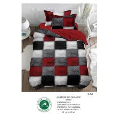 Lenjerie de Pat Single din Finet cu Elastic Pucioasa, 4 Piese, Imprimeu Geometric Carouri 3D Roșu și Negru