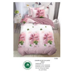 Lenjerie de Pat Single din Finet cu Elastic Pucioasa, 4 Piese, Imprimeu Trifoi 3D Roz și Verde, Model S-50