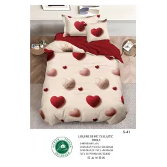 Lenjerie de Pat Single din Finet cu Elastic Pucioasa, 4 Piese, Imprimeu Inimi 3D Roșii și Roz, Model S-41