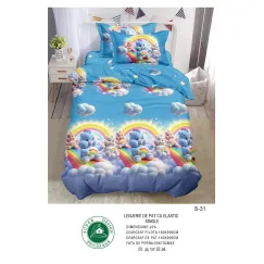 Lenjerie de Pat Single din Finet cu Elastic Pucioasa, 4 Piese, Imprimeu Ursuleți și Curcubeu Albastru, Model S-31
