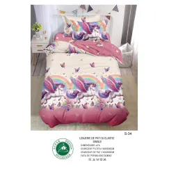 Lenjerie de Pat Single din Finet cu Elastic Pucioasa, 4 Piese, Imprimeu Unicorni și Curcubeu Roz, Model S-34