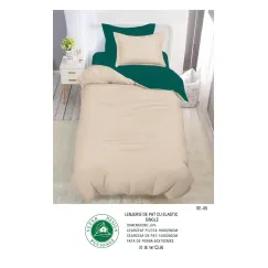 Lenjerie de Pat Single din Finet Super Design Pucioasa, 4 Piese, Cearceaf de Pat cu Elastic 140 x 200 cm, Bicolor Verde/Bej, Model SE-05