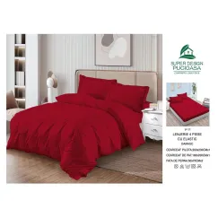 Lenjerie de Pat Dublu din Damasc Premium Super Design Pucioasa, 4 Piese, Cearceaf de Pat cu Elastic 180 x 200 cm, Dungi Hoteliere, Roșu Bordeaux, Model V-11