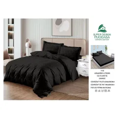 Lenjerie de Pat Dublu din Damasc Premium Super Design Pucioasa, 4 Piese, Cearceaf de Pat cu Elastic 180 x 200 cm, Dungi Hoteliere, Negru, Model V-02