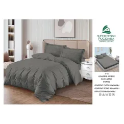 Lenjerie de Pat Dublu din Damasc Premium Super Design Pucioasa, 4 Piese, Cearceaf de Pat cu Elastic 180 x 200 cm, Dungi Hoteliere, Gri Închis, Model V-12