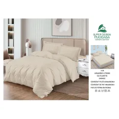 Lenjerie de Pat Dublu din Damasc Premium Super Design Pucioasa, 4 Piese, Cearceaf de Pat cu Elastic 180 x 200 cm, Dungi Hoteliere, Crem Deschis / Ivoriu, Model V-04
