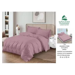 Lenjerie de Pat Dublu din Damasc Premium Super Design Pucioasa, 4 Piese, Cearceaf de Pat cu Elastic 180 x 200 cm, Dungi Hoteliere, Roz Prăfuit, Model V-06