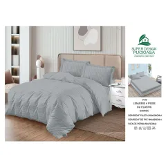 Lenjerie de Pat Dublu din Damasc Premium Super Design Pucioasa, 4 Piese, Cearceaf de Pat cu Elastic 180 x 200 cm, Dungi Hoteliere, Gri Deschis, Model V-05