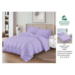 Lenjerie de Pat Dublu din Damasc Premium Super Design Pucioasa, 4 Piese, Cearceaf de Pat cu Elastic 180 x 200 cm, Dungi Hoteliere, Lila Deschis, Model V-10