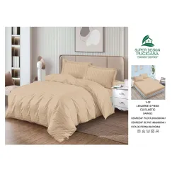 Lenjerie de Pat Dublu din Damasc Premium Super Design Pucioasa, 4 Piese, Cearceaf de Pat cu Elastic 180 x 200 cm, Dungi Hoteliere, Bej Crem, Model V-09