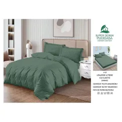 Lenjerie de Pat Dublu din Damasc Premium Super Design Pucioasa, 4 Piese, Cearceaf de Pat cu Elastic 180 x 200 cm, Dungi Hoteliere, Verde Kaki, Model V-07