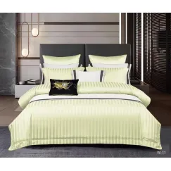 Lenjerie de Pat Dublu din Damasc Premium Pucioasa, 6 Piese, Cearceaf de Pat cu Elastic 180 x 200 cm, Dungi Hoteliere, Galben Pal / Fistic Deschis, Model W-11