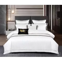 Lenjerie de Pat Dublu din Damasc Premium Pucioasa, 6 Piese, Cearceaf de Pat cu Elastic 180 x 200 cm, Dungi Hoteliere, Alb, Model W-1
