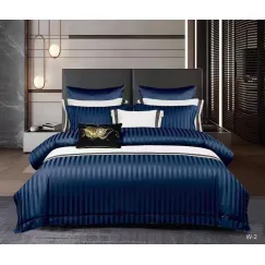 Lenjerie de Pat Dublu din Damasc Premium Pucioasa, 6 Piese, Cearceaf de Pat cu Elastic 180 x 200 cm, Dungi Hoteliere, Albastru Bleumarin, Model W-2