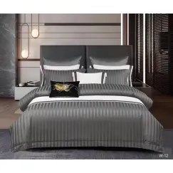 Lenjerie de Pat Dublu din Damasc Premium Pucioasa, 6 Piese, Cearceaf de Pat cu Elastic 180 x 200 cm, Dungi Hoteliere, Gri Închis / Antracit, Model W-12