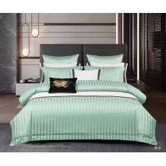 Lenjerie de Pat Dublu din Damasc Premium Pucioasa, 6 Piese, Cearceaf de Pat cu Elastic 180 x 200 cm, Dungi Hoteliere, Verde Mentă, Model W-8