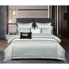 Lenjerie de Pat Dublu din Damasc Premium Pucioasa, 6 Piese, Cearceaf de Pat cu Elastic 180 x 200 cm, Dungi Hoteliere, Gri Vernil / Mentă Deschis, Model W-5