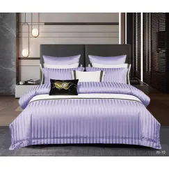 Lenjerie de Pat Dublu din Damasc Premium Pucioasa, 6 Piese, Cearceaf de Pat cu Elastic 180 x 200 cm, Dungi Hoteliere, Lila / Violet Deschis, Model W-10