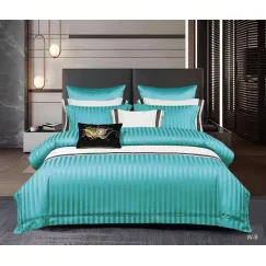 Lenjerie de Pat Dublu din Damasc Premium Pucioasa, 6 Piese, Cearceaf de Pat cu Elastic 180 x 200 cm, Dungi Hoteliere, Turcoaz, Model W-9