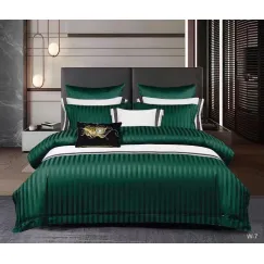 Lenjerie de Pat Dublu din Damasc Premium Pucioasa, 6 Piese, Cearceaf de Pat cu Elastic 180 x 200 cm, Dungi Hoteliere, Verde Smarald, Model W-7