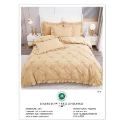 Lenjerie de Pat Dublu din Finet Premium Pucioasa, 4 Piese, cu Pliuri Brodate și Volane, Cearceaf Clasic, Bej / Crem Cald, Model P-5
