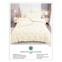 Lenjerie de Pat Dublu din Finet Premium Pucioasa, 4 Piese, cu Pliuri Brodate și Volane, Cearceaf Clasic, Ivoire / Culoarea Untului Uni, Model P-12