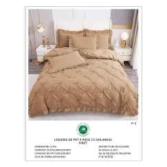 Lenjerie de Pat Dublu din Finet Premium Pucioasa, 4 Piese, cu Pliuri Brodate și Volane, Cearceaf Clasic, Maro Deschis / Camel Uni, Model P-3