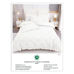 Lenjerie de Pat Dublu din Finet Premium Pucioasa, 4 Piese, cu Pliuri Brodate și Volane, Cearceaf Clasic, Alb Pur Uni, Model P-1