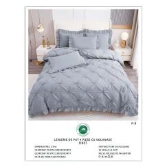 Lenjerie de Pat Dublu din Finet Premium Pucioasa, 4 Piese, cu Pliuri Brodate și Volane, Cearceaf Clasic, Gri Deschis Uni, Model P-8