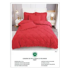 Lenjerie de Pat Dublu din Finet Premium Pucioasa, 4 Piese, cu Pliuri Brodate și Volane, Cearceaf Clasic, Roșu Aprins Uni, Model P-7
