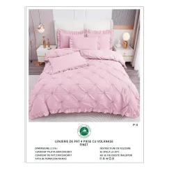 Lenjerie de Pat Dublu din Finet Premium Pucioasa, 4 Piese, cu Pliuri Brodate și Volane, Cearceaf Clasic, Roz Deschis Uni, Model P-4