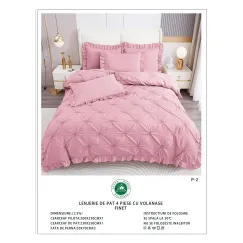 Lenjerie de Pat Dublu din Finet Premium Pucioasa, 4 Piese, cu Pliuri Brodate și Volane, Cearceaf Clasic, Roz Prăfuit Uni, Model P-2