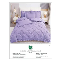 Lenjerie de Pat Dublu din Finet Premium Pucioasa, 4 Piese, cu Pliuri Brodate și Volane, Cearceaf Clasic, Lila / Violet Deschis Uni, Model P-6