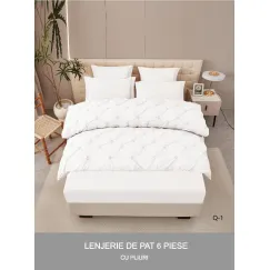 Lenjerie de Pat Dublu din Finet Premium Pucioasa, 6 Piese, cu Pliuri Brodate și Cearceaf cu Elastic, Alb Uni, Model Q-1