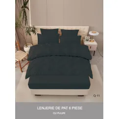 Lenjerie de Pat Dublu din Finet Premium Pucioasa, 6 Piese, cu Pliuri Brodate structural și Cearceaf cu Elastic, Gri Închis / Antracit Uni, Model Q-11