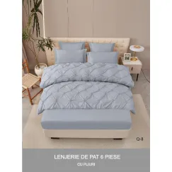 Lenjerie de Pat Dublu din Finet Premium Pucioasa, 6 Piese, cu Pliuri Brodate structural și Cearceaf cu Elastic, Gri Deschis Uni, Model Q-8