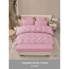 Lenjerie de Pat Dublu din Finet Premium Pucioasa, 6 Piese, cu Pliuri Brodate structural și Cearceaf cu Elastic, Roz Pal / Roz Deschis Uni, Model Q-2