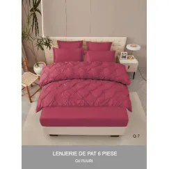 Lenjerie de Pat Dublu din Finet Premium Pucioasa, 6 Piese, cu Pliuri Brodate structural și Cearceaf cu Elastic, Grena / Vișiniu Uni, Model Q-7
