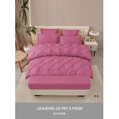 Lenjerie de Pat Dublu din Finet Premium Pucioasa, 6 Piese, cu Pliuri Brodate structural și Cearceaf cu Elastic, Roz Prăfuit, Model Q-6