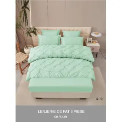 Lenjerie de Pat Dublu din Finet Premium Pucioasa, 6 Piese, cu Pliuri Brodate și Cearceaf cu Elastic, Verde Mentă Uni, Model Q-10