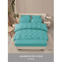 Lenjerie de Pat Dublu din Finet Premium Pucioasa, 6 Piese, cu Pliuri Brodate și Cearceaf cu Elastic, Turcoaz Uni, Model Q-13
