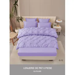 Lenjerie de Pat Dublu din Finet Premium Pucioasa, 6 Piese, cu Pliuri Brodate structural și Cearceaf cu Elastic, Lila / Violet Deschis Uni, Model Q-12