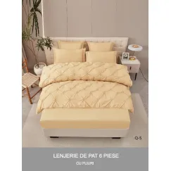 Lenjerie de Pat Dublu din Finet Premium Pucioasa, 6 Piese, cu Pliuri Brodate structural și Cearceaf cu Elastic, Crem / Bej Deschis Uni, Model Q-5