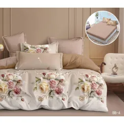 Lenjerie de Pat Dublu din Finet cu Elastic, Model 5D cu Trandafiri și Dantelă, 6 Piese